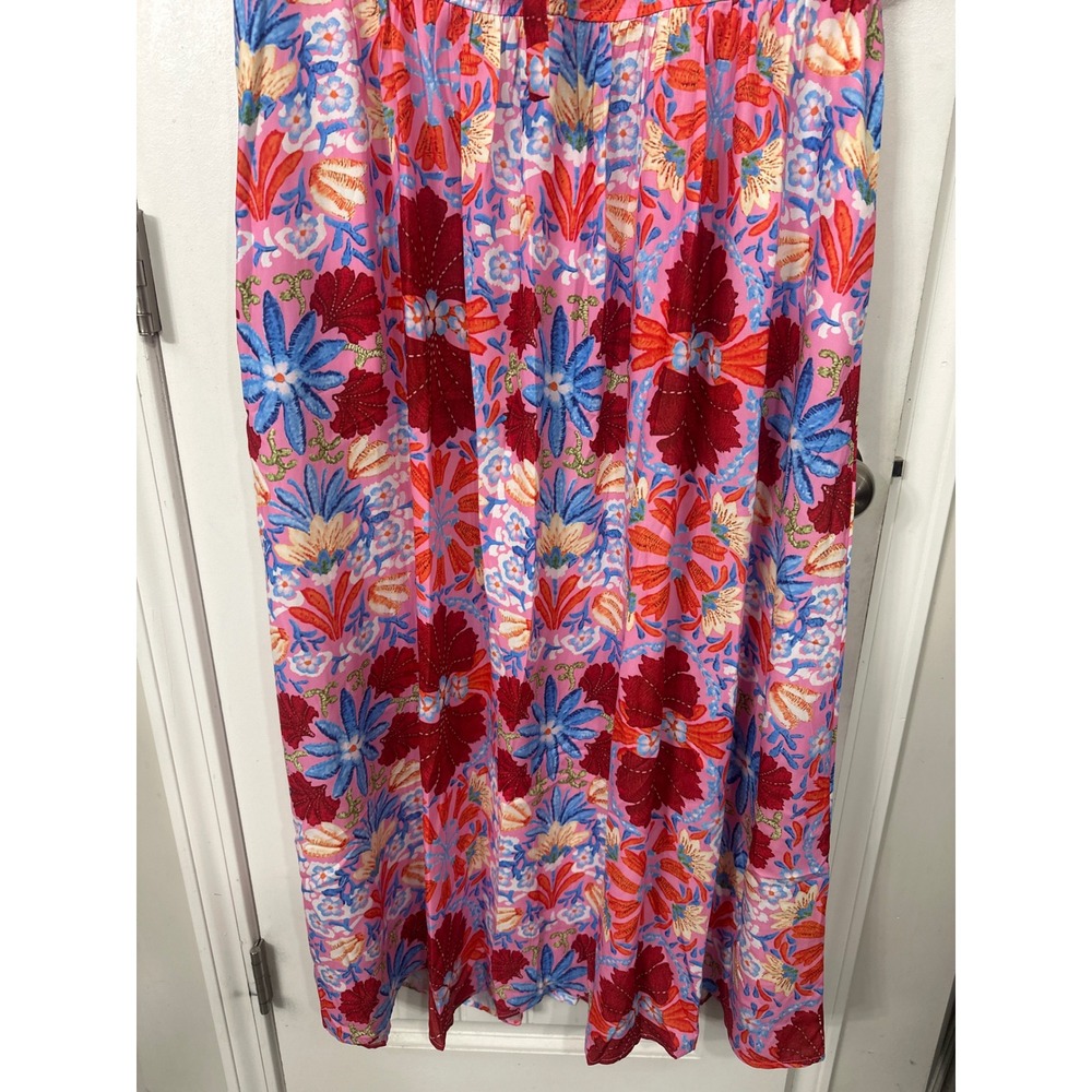 Pink Floral Keyhole Tie Front Maxi Dress Short Sleeve Boho Small Wedding Guest - Picture 3 of 8